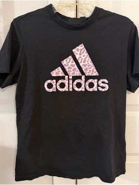 adidas Black Tee with Pink Leopard Logo Graphic